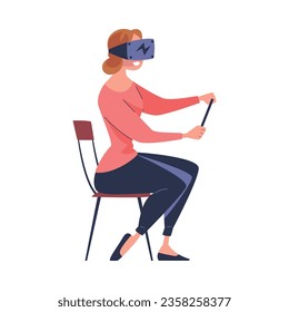 Augmented Reality with Woman Character Sitting on Chair in Virtual Reality Glasses Playing Game on Simulator Vector Illustration
