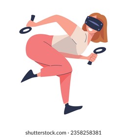 Augmented Reality with Woman Character in Virtual Reality Glasses Playing Game on Simulator Vector Illustration