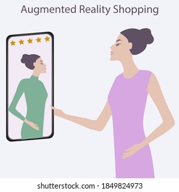 Augmented Reality. Woman doing virtual fitting dresses. Modern technologies. Online business project.