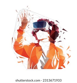 Augmented reality, the woman has extended reality goggles on and is working with virtual reality. Low poly isolated vector illustration