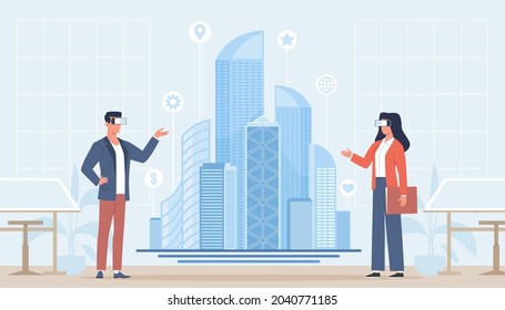 Augmented reality work. Futuristic virtual tech. Interactive building design. Presentation of 3d model skyscrapers. Construction designers and architects in VR glasses. Vector concept