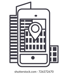 augmented reality,city in smartphone  vector line icon, sign, illustration on background, editable strokes