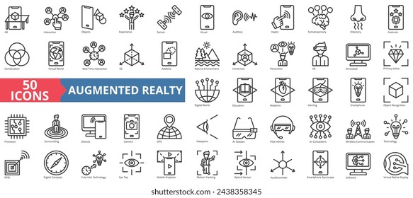 Sammlung von Symbolen für die erweiterte Realität. Enthält Kunst, interaktive, Objekte, Erfahrung, Sensor, visuelles, auditives Symbol. Einfacher Linienvektor