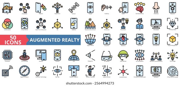 Augmented realty icon collection set. Containing ar, interactive, objects, experience, sensor, visual, auditory icon. Simple flat outline vector illustration