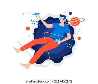 Augmented virtual reality concept illustration. Man in goggles headset virtual reality playing game. Vector illustration in a flat style