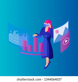 Augmented and virtual reality concept. Woman with vr glasses work at diagrams. Vector isometric 3d illustration. 