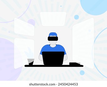 Augmented and virtual reality concept. Working in multiple windows with helmet. VR shopping and checkout experience with virtual reality helmet. Vector illustration with icons on white background