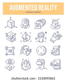 Augmented and virtual reality doodle icons collection. Virtual tour, panorama view, simulation of reality. Vector hand drawn illustrations for website, app and printing materials