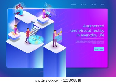 Augmented and Virtual Reality in Everyday Life Isometric Web Banner with People Using VR Technologies in Daily Routine While Communicating Online, Writing in Social Network, Navigating and Working