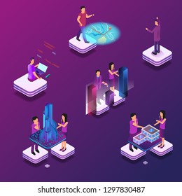 Augmented and Virtual Reality in Everyday Life 3d. Isometric Vector Illustration Group People in Process. Online Programming, Building Design, Financial Analytics, Navigation Online City Map