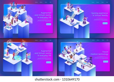 Augmented and Virtual Reality in Everyday Life. Vector Set Banner Isometric Future Medical Technology, Gaming Expirience in Virtual Reality. Building Project, Financial Analyst, Navigation, Survey