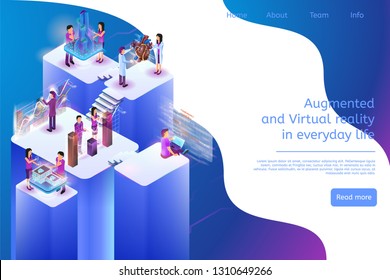 Augmented and Virtual Reality in Everyday Life 3d. Isometric Vector Banner Illustration Group People in Process. Online Programming, Building Design, Financial Analytics, Medical Research Human Heart