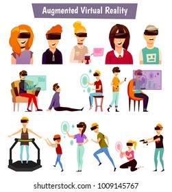 Augmented virtual reality flat orthogonal icons set with people in electronic glasses, interface elements isolated vector illustration  