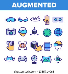 Augmented, Virtual Reality Linear Vector Icons Set. Augmented Virtual Reality Symbols Pack. Digital Technology, Simulator Pictograms Collection. Isolated Signs. VR Entertainment Outline Illustrations