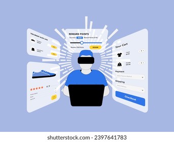 Augmented And Virtual Reality In Retail. VR Shopping Online Checkout Experience using virtual reality helmet. VR Marketing Vector illustration isolated on blue background with icons