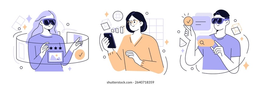 Augmented and virtual reality set. Characters wearing ar and vr headset integrating with cyberspace interface. People and technology concept. Vector illustration. 