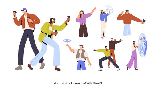 Augmented or virtual reality set. People in VR glasses play games in simulation. Friends has fun with AR controllers. Interactive entertainment technology. Flat isolated vector illustrations on white