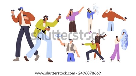 Augmented or virtual reality set. People in VR glasses play games in simulation. Friends has fun with AR controllers. Interactive entertainment technology. Flat isolated vector illustrations on white