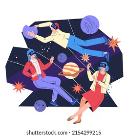 Augmented virtual reality technology banner. People in VR glasses floating in virtual digital space, flat vector illustration isolated on white background. Metaverse computer-generated environment.