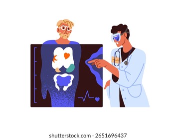 Tecnologia de realidade aumentada ou virtual no conceito de medicina. O médico faz exame de paciente com óculos de RV. O médico está usando óculos de RA no hospital. Ilustração de vetor isolado plano em branco