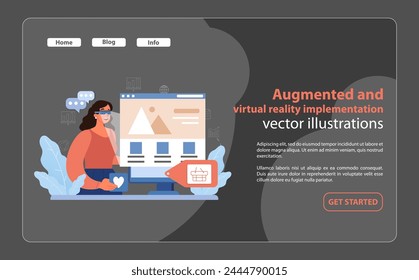 Augmented and Virtual Reality Use. A user interacts with a computer interface using AR glasses, exploring digital shopping advancements. Immersive technology experience. Flat vector illustration.