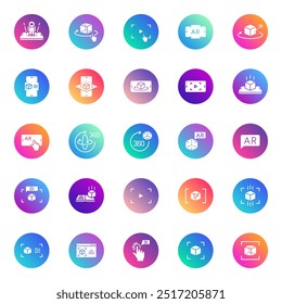 Augmented and virtual reality vector icons on color gradient rounds isolated on white background. Ar vr icons set for web and ui design