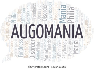Augomania word cloud. Type of mania, made with text only.