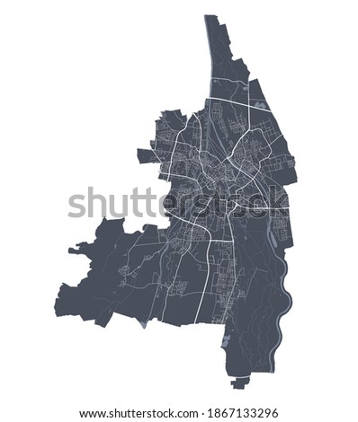 Augsburg map. Detailed vector map of Augsburg city administrative area. Cityscape poster metropolitan aria view. Dark land with white streets, roads and avenues. White background.