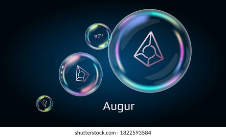 Augur REP token symbol in soap bubble, coin DeFi project decentralized finance. The financial pyramid will burst soon and destroyed. Vector EPS10.