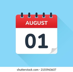 August 01 - Calendar page icon isolated on blue background. Date and month symbol.