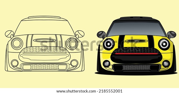 august  02, 2022;yellow mini cooper, simple and\
flat,easy to use,editable and layered,sketch automobile.mini cooper\
front view.