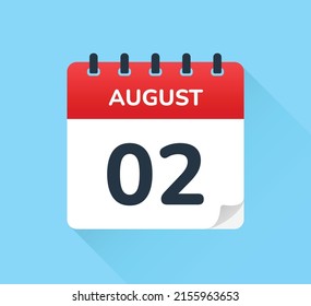 August 02 - Calendar page icon isolated on blue background. Date and month symbol.