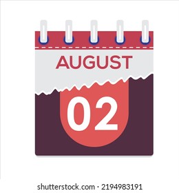 August 02. Vector flat daily calendar icon. Date and time, day, month. Holiday. Season. White Background