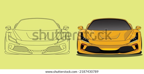 august  08, 2022:yellow Ferrari F8,illustration\
of a sport car.easy to use,editable and layered,sketch\
automobile,Adult coloring page line art for book and\
drawing.Ferrari front view\
vector.