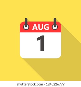August the 1 calendar flat style icon with long shadow.