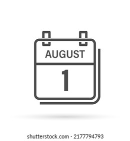 1 de agosto, icono del calendario con sombra. Día, mes. Ilustración vectorial plana.