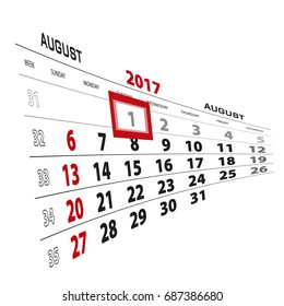 August 1, highlighted on 2017 calendar. Week starts from Sunday. Vector Illustration.