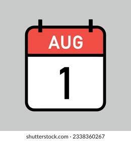 August 1, red and white color calendar page with black outline, calendar date vector illustration