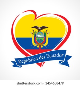 August 10, 1809, Ecuadorian Independence Day love, greeting card. Spanish text República del Equador: Republic Ecuador typography banner with flag in heart and blue ribbon. Vector illustration