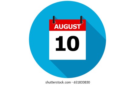 august 10 blue calendar vector flat icon with long shadow