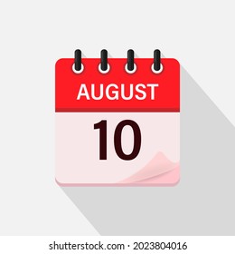 10 de agosto, icono del calendario con sombra. Día, mes. Ilustración vectorial plana.