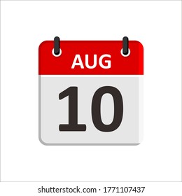 August 10 Calendar Icon. Calendar Icon with white background. Flat style. Date, day and month.