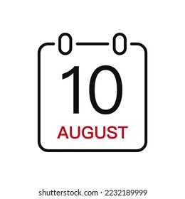 August 10 date on the calendar, vector line stroke icon for user interface. Calendar with date, vector illustration.