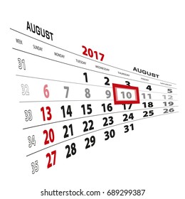 August 10, highlighted on 2017 calendar. Week starts from Sunday. Vector Illustration.
