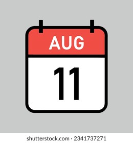 august 11, red and white color calendar page with black outline, calendar date vector illustration
