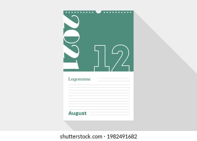 August 12 Calendar 2021 on notebook paper white and green background with your logo