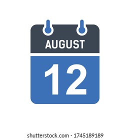 Agosto 12 Ícono de fecha calendario, icono de fecha de evento, fecha calendario, gráfico vectorial de diseño de iconos