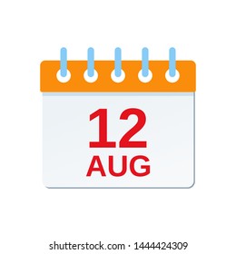 August 12 calendar icon. International Youth day reminder calendar. Vector. Planner holiday date isolated on white background. Color illustration in flat design.