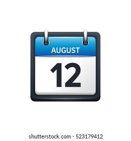August 12. Calendar icon.Vector illustration,flat style.Month and date.Sunday,Monday,Tuesday,Wednesday,Thursday,Friday,Saturday.Week,weekend,red letter day. 2017,2018 year.Holidays.