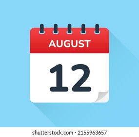 12 de agosto - Icono de página del calendario aislado en fondo azul. Símbolo de fecha y mes.